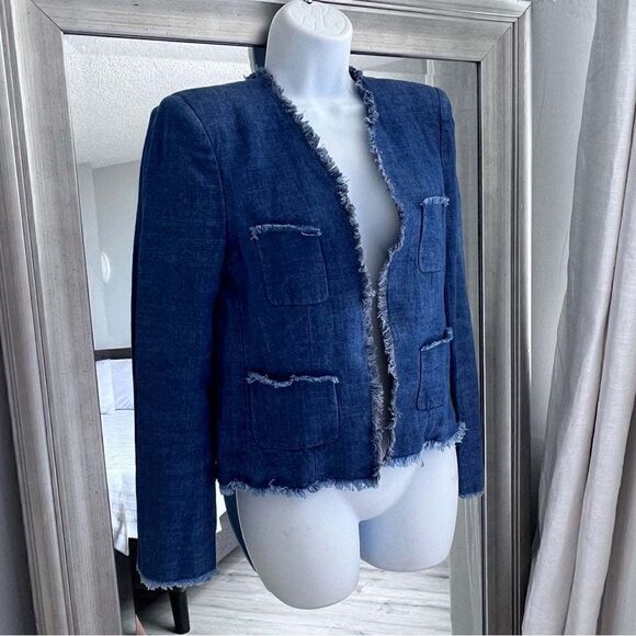 JOSEPH Womens Blue Metallic Tweed Silk Blend Blazer Fringe Size 40 EU. US M. - Picture 3 of 9